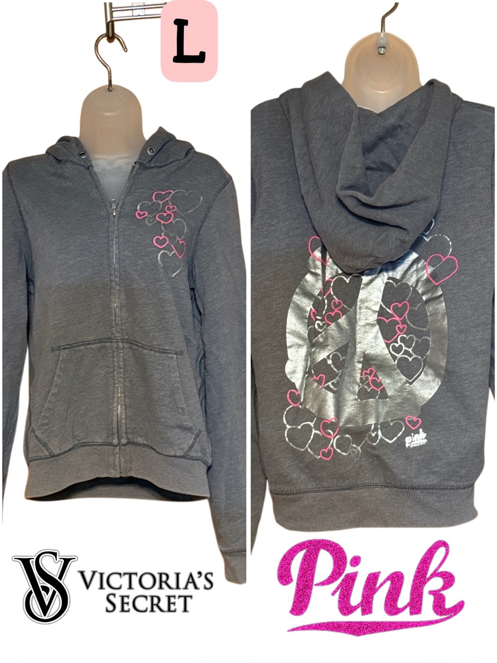 Victoria’s Secret PINK Gray Zip-Up Hoodie PEACE & LOVE sz L